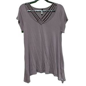 Women's Open‎ Chest Strappy Short Sleeve Asymmetrical Hem Blouse Purple Medium